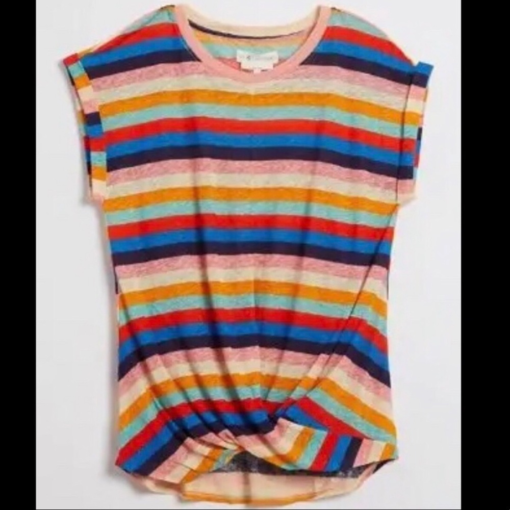 LOFT Rainbow Striped Scrunched Short Sleeve Top Size XS NWOT